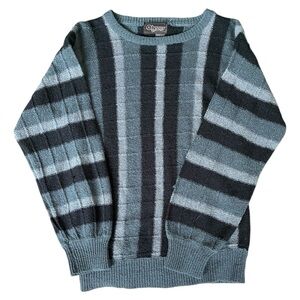 Vintage Odyssey 80s Unisex Striped Gray/Blue Retro Crewneck Pullover Sweater S/M